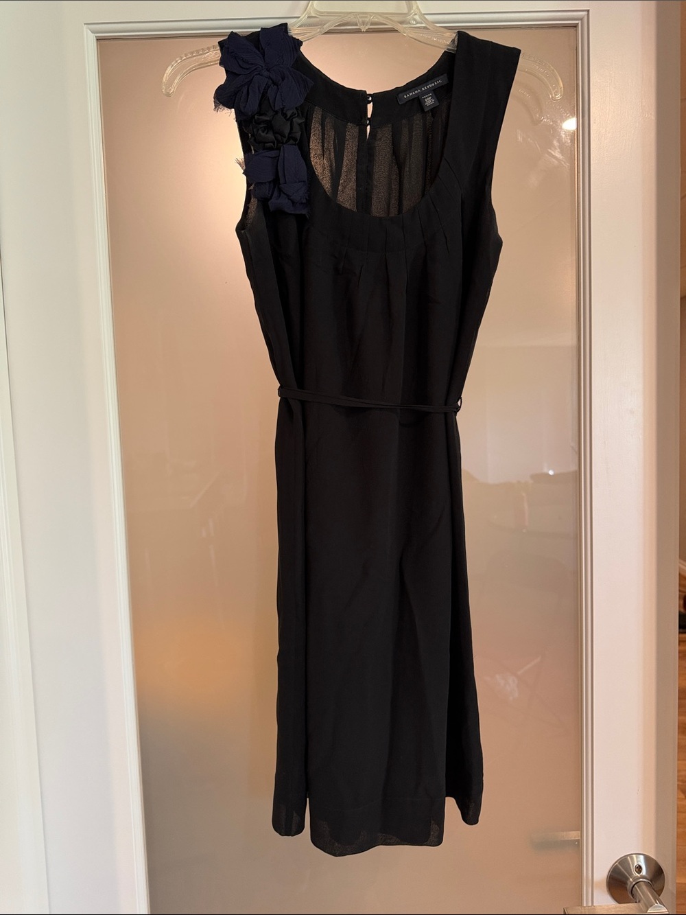 Banana Republic Black Dress with Navy Floral Shoulder Accent
